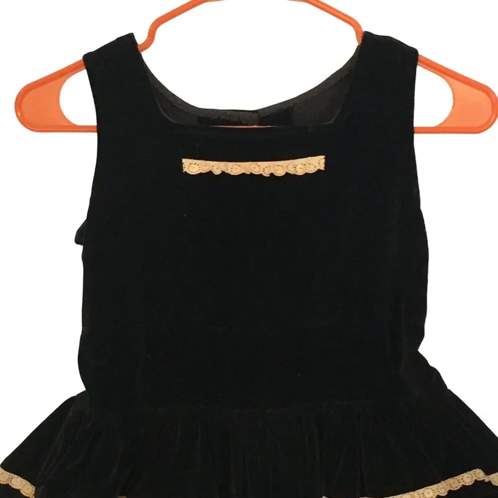 Homemade Vintage Girls Black Velvet Jumper Dress,‎ Eyelet, 50s 60s